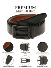 Load image into Gallery viewer, Teakwood Men's Premium Genuine Leather 2-in-1 Reversible Belt | Black & Brown Fine Leather Finish | Matte Black Rounded Rectangular Pin Buckle | Adjustable 35 mm Dress Belt for Formal, Casual, Office & Business Wear