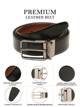 Load image into Gallery viewer, Teakwood Men's Premium Genuine Leather 2-in-1 Reversible Belt | Black & Brown Natural Grain Leather Finish |Nickel black Classic Angular Pin Buckle | Adjustable 35 mm Dress Belt for Formal, Casual, Office & Business Wear
