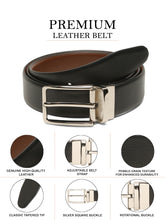 Load image into Gallery viewer, Teakwood Men's Premium Genuine Leather 2-in-1 Reversible Belt | Black & Brown Crosshatch Textured Finish | Silver Linear Edge Pin Buckle | Adjustable 35 mm Dress Belt for Formal, Casual, Office & Business Wear