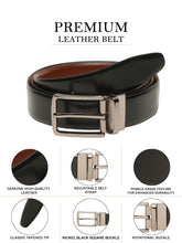 Load image into Gallery viewer, Teakwood Men's Premium Genuine Leather 2-in-1 Reversible Belt | Black & Brown Fine Leather Finish |Nickle Black Vector Pin Buckle | Adjustable 35 mm Dress Belt for Formal, Casual, Office & Business Wear