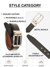 Load image into Gallery viewer, Teakwood Men's Premium Genuine Leather 2-in-1 Reversible Belt | Black & Brown Natural Grain Leather Finish |Silver Classic Tapered Pin Buckle | Adjustable 35 mm Dress Belt for Formal, Casual, Office & Business Wear