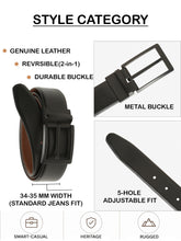 Load image into Gallery viewer, Teakwood Men's Premium Genuine Leather 2-in-1 Reversible Belt | Black & Brown Natural Grain Leather Finish |Matte Black Classic Tapered Pin Buckle | Adjustable 35 mm Dress Belt for Formal, Casual, Office & Business Wear