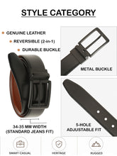 Load image into Gallery viewer, Teakwood Men's Premium Genuine Leather 2-in-1 Reversible Belt | Black & Brown Fine Leather Finish | Matte Black Rounded Rectangular Pin Buckle | Adjustable 35 mm Dress Belt for Formal, Casual, Office & Business Wear