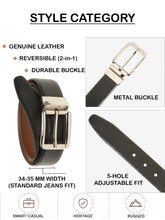 Load image into Gallery viewer, Teakwood Men's Premium Genuine Leather 2-in-1 Reversible Belt | Black & Brown Natural Grain Leather Finish |Silver Classic Tapered Pin Buckle | Adjustable 35 mm Dress Belt for Formal, Casual, Office & Business Wear