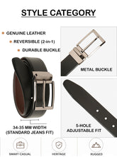 Load image into Gallery viewer, Teakwood Men's Premium Genuine Leather 2-in-1 Reversible Belt | Black & Brown Natural Grain Leather Finish |Nickle Black Classic Curved Pin Buckle | Adjustable 35 mm Dress Belt for Formal, Casual, Office & Business Wear