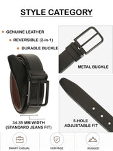 Load image into Gallery viewer, Teakwood Men's Premium Genuine Leather 2-in-1 Reversible Belt | Black & Brown Natural Grain Leather Finish |Matte Black Radius Pin Buckle | Adjustable 35 mm Dress Belt for Formal, Casual, Office & Business Wear