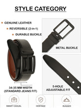 Load image into Gallery viewer, Teakwood Men's Premium Genuine Leather 2-in-1 Reversible Belt | Black & Brown Natural Grain Leather Finish | Matte Black Classic Edge Pin Buckle | Adjustable 35 mm Dress Belt for Formal, Casual, Office & Business Wear