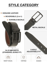 Load image into Gallery viewer, Teakwood Men's Premium Genuine Leather 2-in-1 Reversible Belt | Black & Brown Natural Grain Leather Finish |Matte Black Vector Pin Buckle | Adjustable 35 mm Dress Belt for Formal, Casual, Office & Business Wear