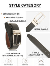 Load image into Gallery viewer, Teakwood Men's Premium Genuine Leather 2-in-1 Reversible Belt | Black & Brown Natural Grain Leather Finish |Silver Linear Edge Pin Buckle | Adjustable 35 mm Dress Belt for Formal, Casual, Office & Business Wear