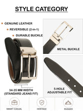 Load image into Gallery viewer, Teakwood Men's Premium Genuine Leather 2-in-1 Reversible Belt | Black & Brown Natural Grain Leather Finish |Silver Classic Tapered Pin Buckle | Adjustable 35 mm Dress Belt for Formal, Casual, Office & Business Wear