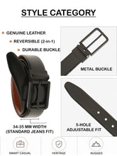 Load image into Gallery viewer, Teakwood Men's Premium Genuine Leather 2-in-1 Reversible Belt | Black & Brown Natural Grain Leather Finish | Matte Black Slim Frame Pin Buckle | Adjustable 35 mm Dress Belt for Formal, Casual, Office & Business Wear
