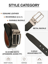 Load image into Gallery viewer, Teakwood Men's Premium Genuine Leather 2-in-1 Reversible Belt | Black & Brown Natural Grain Leather Finish |Nickel black Classic Angular Pin Buckle | Adjustable 35 mm Dress Belt for Formal, Casual, Office & Business Wear
