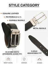 Load image into Gallery viewer, Teakwood Men's Premium Genuine Leather 2-in-1 Reversible Belt | Black & Brown Natural Grain Leather Finish /Silver Classic Angular Pin Buckle | Adjustable 35 mm Dress Belt for Formal, Casual, Office & Business Wear