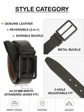 Load image into Gallery viewer, Teakwood Men's Premium Genuine Leather 2-in-1 Reversible Belt | Black & Brown Natural Grain Leather Finish | Matte Black Slim Frame Pin Buckle | Adjustable 35 mm Dress Belt for Formal, Casual, Office & Business Wear