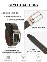 Load image into Gallery viewer, Teakwood Men's Premium Genuine Leather 2-in-1 Reversible Belt | Black & Brown Natural Grain Leather Finish |Nickle Black Radius Pin Buckle | Adjustable 35 mm Dress Belt for Formal, Casual, Office & Business Wear