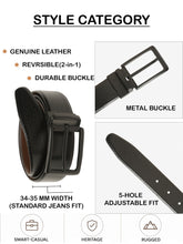 Load image into Gallery viewer, Teakwood Men's Premium Genuine Leather 2-in-1 Reversible Belt | Black & Brown Pebble Grain Leather Finish | Matte Black Linear Pin Buckle | Adjustable 35 mm Dress Belt for Formal, Casual, Office & Business Wear