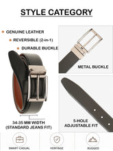 Load image into Gallery viewer, Teakwood Men's Premium Genuine Leather 2-in-1 Reversible Belt | Black & Brown Fine Leather Finish | Nickle Black Rounded Rectangular Pin Buckle | Adjustable 35 mm Dress Belt for Formal, Casual, Office & Business Wear