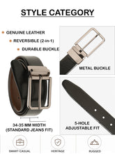 Load image into Gallery viewer, Teakwood Men's Premium Genuine Leather 2-in-1 Reversible Belt | Black & Brown Natural Grain Leather Finish | Nickel Black Slim Frame Pin Buckle | Adjustable 35 mm Dress Belt for Formal, Casual, Office & Business Wear