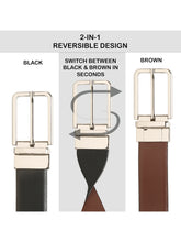 Load image into Gallery viewer, Teakwood Men's Premium Genuine Leather 2-in-1 Reversible Belt | Black & Brown Natural Grain Leather Finish |Silver Slim Frame Pin Buckle | Adjustable 35 mm Dress Belt for Formal, Casual, Office & Business Wear