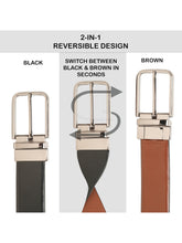 Load image into Gallery viewer, Teakwood Men's Premium Genuine Leather 2-in-1 Reversible Belt | Black & Brown Fine Leather Finish |Nickle Black Radius Pin Buckle | Adjustable 35 mm Dress Belt for Formal, Casual, Office & Business Wear