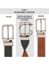 Load image into Gallery viewer, Teakwood Men's Premium Genuine Leather 2-in-1 Reversible Belt | Black & Brown Natural Grain Leather Finish | Nickel Black Classic Edge Pin Buckle | Adjustable 35 mm Dress Belt for Formal, Casual, Office & Business Wear