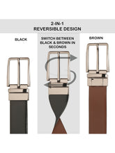 Load image into Gallery viewer, Teakwood Men's Premium Genuine Leather 2-in-1 Reversible Belt | Black & Brown Natural Grain Leather Finish |Nickle Black Linear Edge Pin Buckle | Adjustable 35 mm Dress Belt for Formal, Casual, Office & Business Wear
