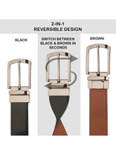 Load image into Gallery viewer, Teakwood Men's Premium Genuine Leather 2-in-1 Reversible Belt | Black & Brown Natural Grain Leather Finish |Nickel Black Classic Tapered Pin Buckle | Adjustable 35 mm Dress Belt for Formal, Casual, Office & Business Wear