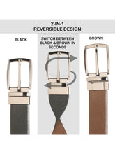 Load image into Gallery viewer, Teakwood Men's Premium Genuine Leather 2-in-1 Reversible Belt | Black & Brown Crosshatch Textured Finish | Nickle Black Contour Pin Buckle | Adjustable 35 mm Dress Belt for Formal, Casual, Office & Business Wear