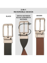 Load image into Gallery viewer, Teakwood Men's Premium Genuine Leather 2-in-1 Reversible Belt | Black & Brown Natural Grain Leather Finish | Nickel Black Classic Edge Pin Buckle | Adjustable 35 mm Dress Belt for Formal, Casual, Office & Business Wear