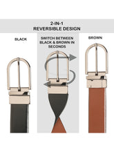 Load image into Gallery viewer, Teakwood Men's Premium Genuine Leather 2-in-1 Reversible Belt | Black & Brown Crosshatch Textured Leather | Nickal Black Rectangular Pin Buckle | Adjustable 35 mm Dress Belt for Formal, Casual, Office & Business Wear
