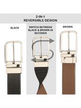 Load image into Gallery viewer, Teakwood Men's Premium Genuine Leather 2-in-1 Reversible Belt | Black & Brown Pebble Grain Leather Finish | Silver Radius Pin Buckle | Adjustable 35 mm Dress Belt for Formal, Casual, Office & Business Wear