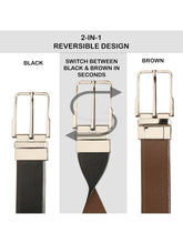 Load image into Gallery viewer, Teakwood Men's Premium Genuine Leather 2-in-1 Reversible Belt | Black & Brown Natural Grain Leather Finish /Silver Classic Angular Pin Buckle | Adjustable 35 mm Dress Belt for Formal, Casual, Office & Business Wear