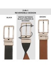 Load image into Gallery viewer, Teakwood Men's Premium Genuine Leather 2-in-1 Reversible Belt | Black & Brown Crosshatch Textured Leather | Nickal Black Rectangular Pin Buckle | Adjustable 35 mm Dress Belt for Formal, Casual, Office & Business Wear