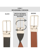 Load image into Gallery viewer, Teakwood Men's Premium Genuine Leather 2-in-1 Reversible Belt | Black & Brown Natural Grain Leather Finish | Silver Slim Frame Pin Buckle | Adjustable 35 mm Dress Belt for Formal, Casual, Office & Business Wear