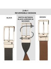 Load image into Gallery viewer, Teakwood Men's Premium Genuine Leather 2-in-1 Reversible Belt | Black & Brown Pebble Grain Leather Finish | Silver Linear Pin Buckle | Adjustable 35 mm Dress Belt for Formal, Casual, Office & Business Wear