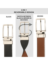 Load image into Gallery viewer, Teakwood Men's Premium Genuine Leather 2-in-1 Reversible Belt | Black & Brown Crosshatch Textured Finish | Silver Linear Edge Pin Buckle | Adjustable 35 mm Dress Belt for Formal, Casual, Office & Business Wear