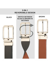 Load image into Gallery viewer, Teakwood Men's Premium Genuine Leather 2-in-1 Reversible Belt | Black & Brown Natural Grain Leather Finish |Silver Classic Tapered Pin Buckle | Adjustable 35 mm Dress Belt for Formal, Casual, Office & Business Wear