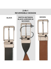 Load image into Gallery viewer, Teakwood Men's Premium Genuine Leather 2-in-1 Reversible Belt | Black & Brown Crosshatch Textured Finish |Nickel Black Refined Slim Frame Pin Buckle | Adjustable 35 mm Dress Belt for Formal, Casual, Office & Business Wear