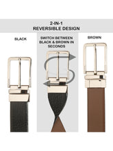 Load image into Gallery viewer, Teakwood Men's Premium Genuine Leather 2-in-1 Reversible Belt | Black & Brown Fine Leather Finish | Silver Rectangular Pin Buckle | Adjustable 35 mm Dress Belt for Formal, Casual, Office & Business Wear