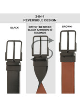 Load image into Gallery viewer, Teakwood Men's Premium Genuine Leather 2-in-1 Reversible Belt | Black & Brown Natural Grain Leather Finish |Matte black Classic Angular Pin Buckle | Adjustable 35 mm Dress Belt for Formal, Casual, Office & Business Wear