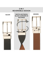 Load image into Gallery viewer, Teakwood Men's Premium Genuine Leather 2-in-1 Reversible Belt | Black & Brown Crosshatch Textured Leather | Silver Rectangular Pin Buckle | Adjustable 35 mm Dress Belt for Formal, Casual, Office & Business Wear