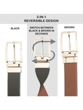 Load image into Gallery viewer, Teakwood Men's Premium Genuine Leather 2-in-1 Reversible Belt | Black & Brown Natural Grain Leather Finish |Silver Linear Edge Pin Buckle | Adjustable 35 mm Dress Belt for Formal, Casual, Office & Business Wear