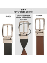 Load image into Gallery viewer, Teakwood Men's Premium Genuine Leather 2-in-1 Reversible Belt | Black & Brown Natural Grain Leather Finish |Nickle Black Contour Pin Buckle | Adjustable 35 mm Dress Belt for Formal, Casual, Office & Business Wear