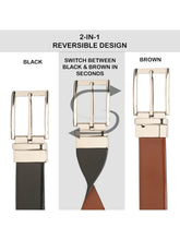 Load image into Gallery viewer, Teakwood Men's Premium Genuine Leather 2-in-1 Reversible Belt | Black & Brown Fine Leather Finish | Silver Rounded Rectangular Pin Buckle | Adjustable 35 mm Dress Belt for Formal, Casual, Office & Business Wear