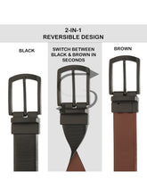 Load image into Gallery viewer, Teakwood Men's Premium Genuine Leather 2-in-1 Reversible Belt | Black & Brown Natural Grain Leather Finish |Matte Black Classic Curved Pin Buckle | Adjustable 35 mm Dress Belt for Formal, Casual, Office & Business Wear