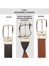 Load image into Gallery viewer, Teakwood Men's Premium Genuine Leather 2-in-1 Reversible Belt | Black & Brown Natural Grain Leather Finish |Nickel Black Slim Frame Pin Buckle | Adjustable 35 mm Dress Belt for Formal, Casual, Office & Business Wear