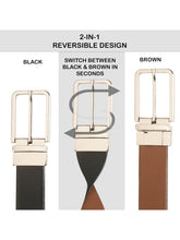 Load image into Gallery viewer, Teakwood Men's Premium Genuine Leather 2-in-1 Reversible Belt | Black & Brown Natural Grain Leather Finish | Silver Slim Frame Pin Buckle | Adjustable 35 mm Dress Belt for Formal, Casual, Office & Business Wear