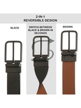 Load image into Gallery viewer, Teakwood Men's Premium Genuine Leather 2-in-1 Reversible Belt | Black & Brown Crosshatch Textured Finish | Matte Black Radius Pin Buckle | Adjustable 35 mm Dress Belt for Formal, Casual, Office & Business Wear