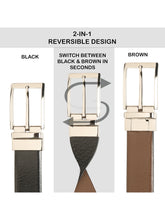 Load image into Gallery viewer, Teakwood Men's Premium Genuine Leather 2-in-1 Reversible Belt | Black & Brown Natural Grain Leather Finish |Silver Classic Tapered Pin Buckle | Adjustable 35 mm Dress Belt for Formal, Casual, Office & Business Wear