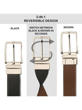 Load image into Gallery viewer, Teakwood Men's Premium Genuine Leather 2-in-1 Reversible Belt | Black & Brown Pebble Grain Leather Finish | Silver Linear Edge Pin Buckle | Adjustable 35 mm Dress Belt for Formal, Casual, Office & Business Wear